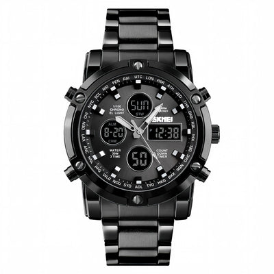 Men's Dual Display Analog Digital Watch, All Black Stainless Steel 30M Waterproof Sports Watch