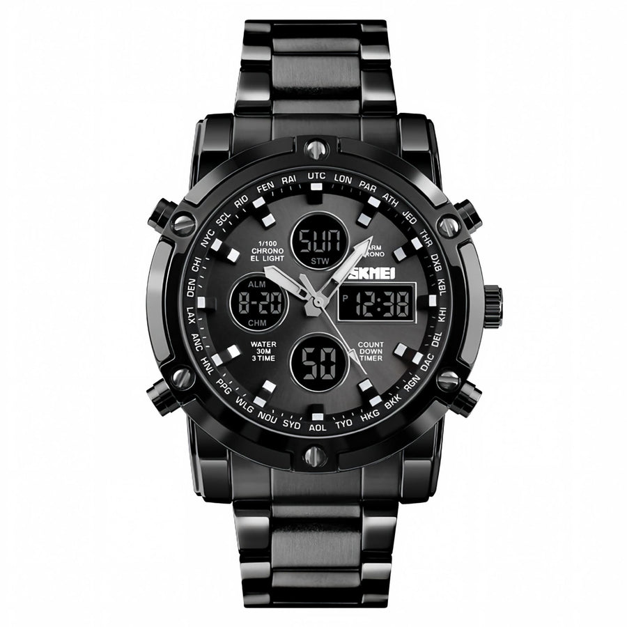 Men's Dual Display Analog Digital Watch, All Black Stainless Steel 30M Waterproof Sports Watch