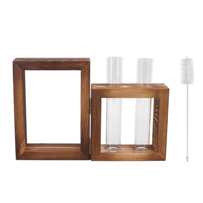 Plant Propagation Station Wooden Stand with 2 Glass Test Tubes Wooden Frame Glass Hydroponic Test Tube Vase Flower Pot Table Ornament for Water Planting Flower