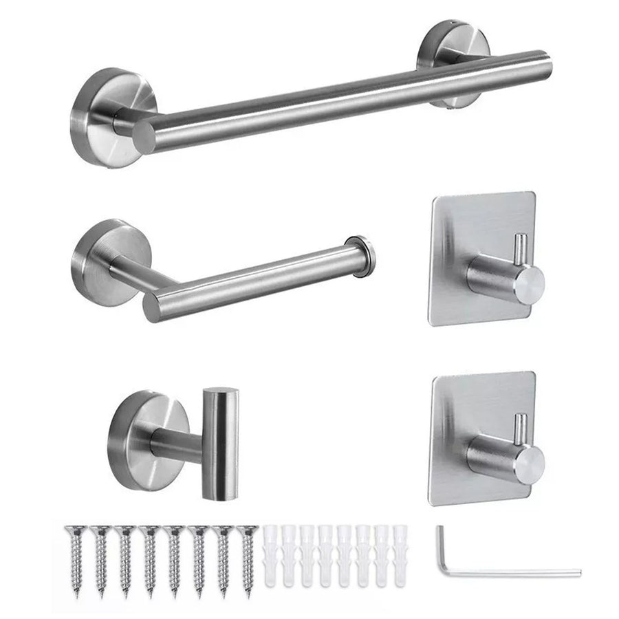 5 Pieces Bathroom Hardware Accessories Set Towel Rack Paper Holder Hook Adhesive Hook Multifunction Bathroom Set Silver