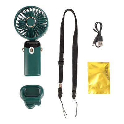 Mini Handheld Fan ABS Portable Digital Display USB Charging Foldable Neck Hanging Fan with Lanyard for Office Outdoor Green