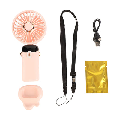 Mini Handheld Fan ABS Portable Digital Display USB Charging Foldable Neck Hanging Fan with Lanyard for Office Outdoor Pink