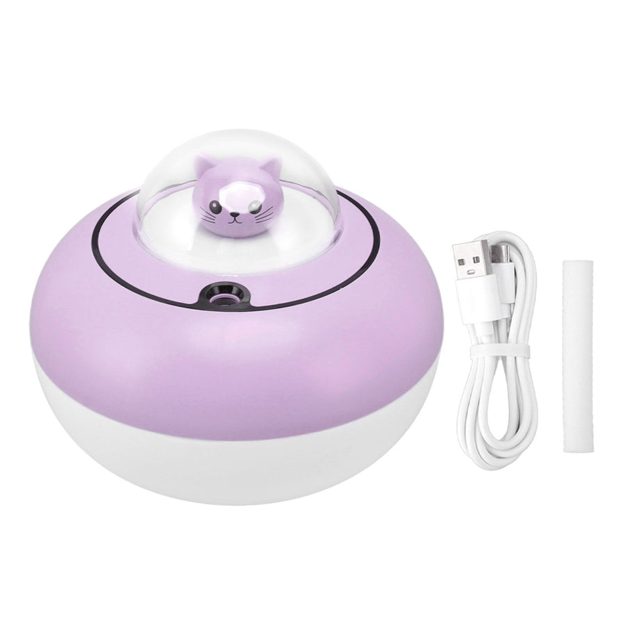 Mini Humidifier Cute Cat Sculpture Portable Quiet Desktop Air Humidifier for Home Office USB Plug in Purple