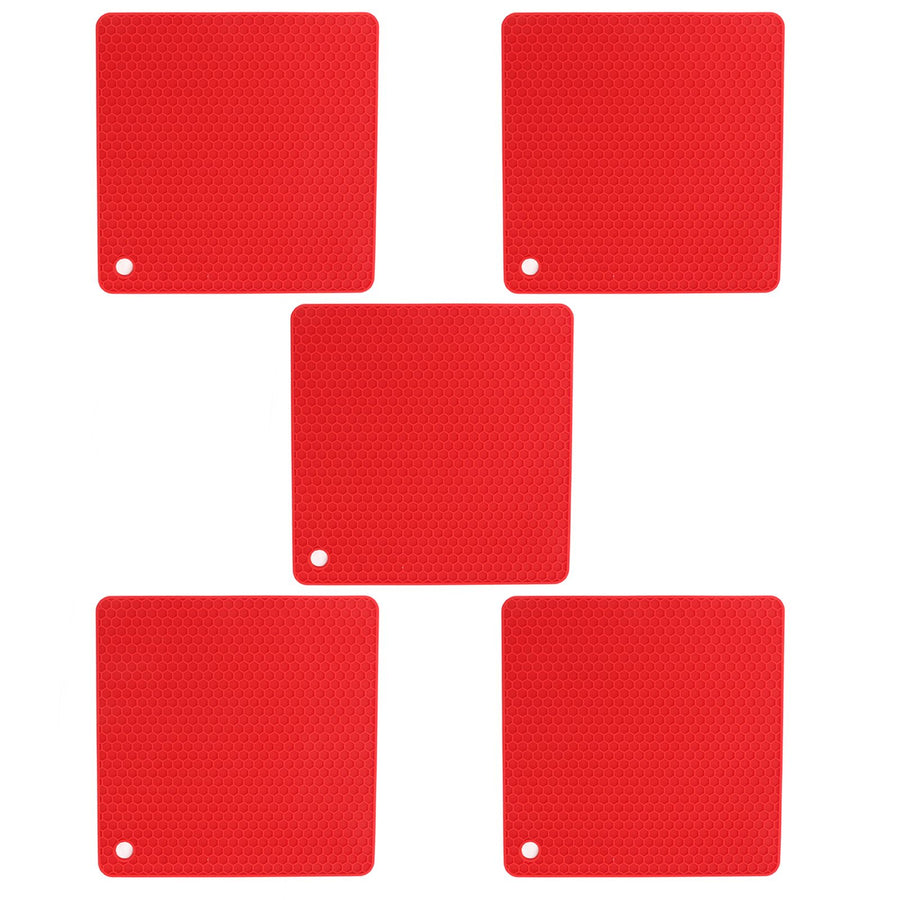 5pcs Silicone Pot Holders Mat Heat Resistant Anti Slip Square Honeycomb Trivet Mat Hot Pads for Kitchen Counter Red