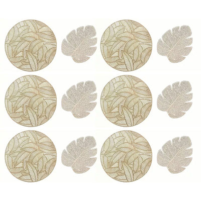 Placemats and Coasters Set Hollow Insulation 6 Pcs Round Dining Table Place Mats and 6 Pcs Leaf Shape Cup Coasters Gold