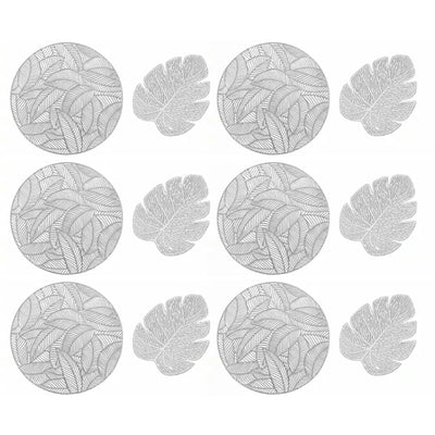 Placemats and Coasters Set Hollow Insulation 6 Pcs Round Dining Table Place Mats and 6 Pcs Leaf Shape Cup Coasters Silver