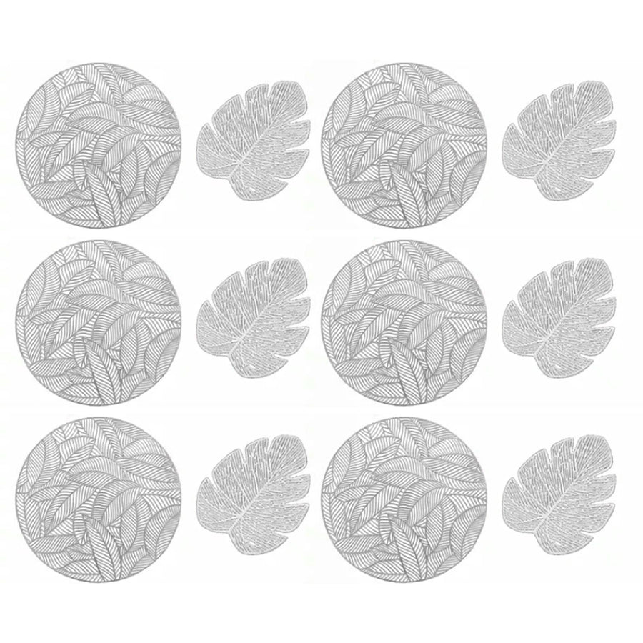 Placemats and Coasters Set Hollow Insulation 6 Pcs Round Dining Table Place Mats and 6 Pcs Leaf Shape Cup Coasters Silver