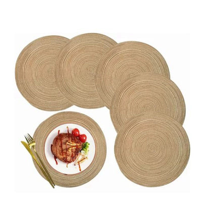 6pcs Round Placemats Slip Proof Prevent Scalding Insulation Decorative Woven Table Mats for Home Cafe Khaki 11.8in