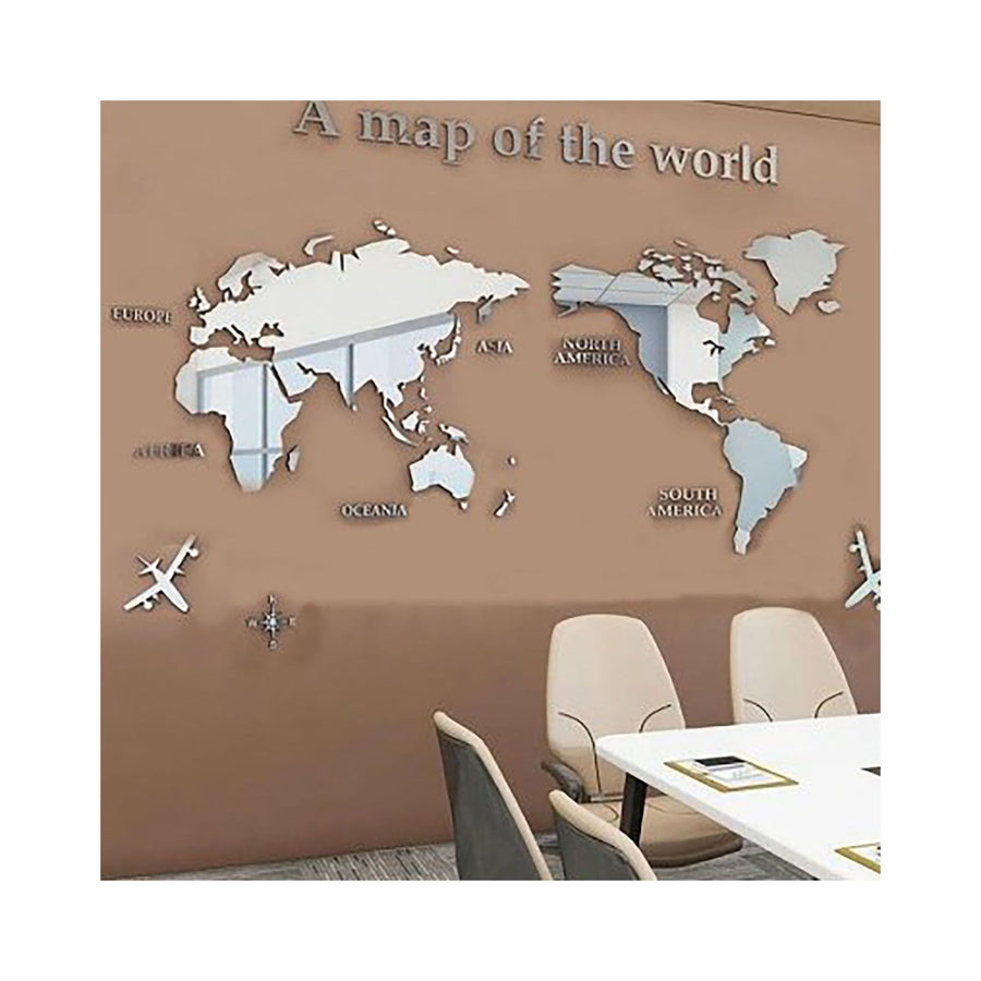Acrylic Wall Stickers 3D World Map Wall Mirror Sticker for Office Study Living Room Bedroom Silver