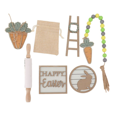 Easter Tiered Tray Decor Bunny Carrot String Bead Rolling Pin Ladder Wooden Easter Tray Decoration