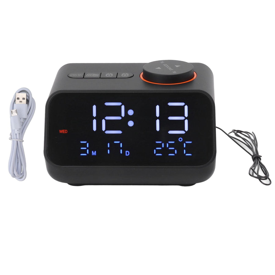 Alarm Clock Radio LED Digital Alarm Clock with FM Radio Music Temperature Humidity Display for Home Bedroom Desk Office Black