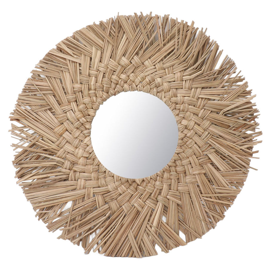 Straw Weaving Wall Mirror Retro Beautiful Woven Wall Hanging Mirror for Dorm Room Decoration Nature