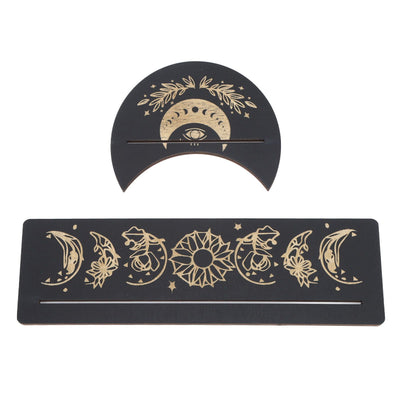 2 Pieces Wooden Tarot Card Stand Holder Moon Shape and Rectangle Wooden Tarot Card Display Stand Base Black Type A