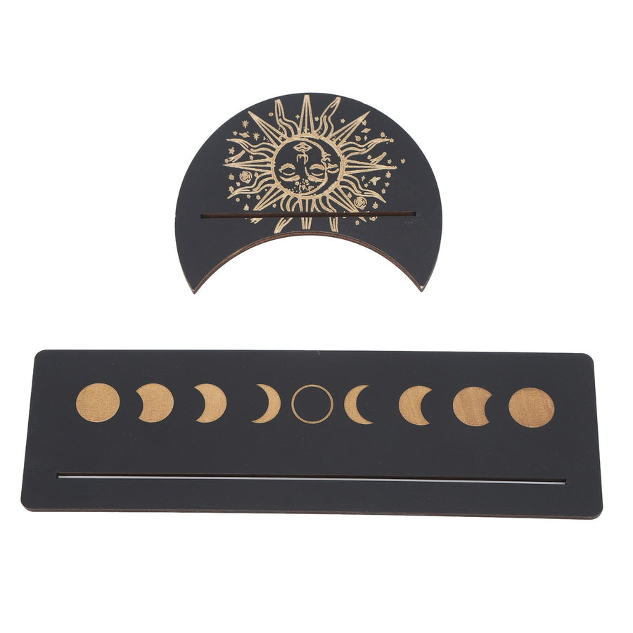 2 Pieces Wooden Tarot Card Stand Holder Moon Shape and Rectangle Wooden Tarot Card Display Stand Base Black Type B