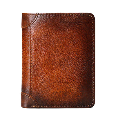 Trifold Wallet Retro Style Large Space Multi Card Slots Men Leather Wallet Coin Purse Yellowish Brown