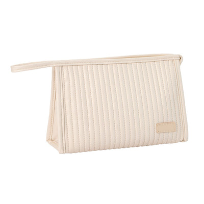Cosmetic Bag Candy Color Large Capacity PU Leather Portable Travel Makeup Bag with Mesh Pocket Beige