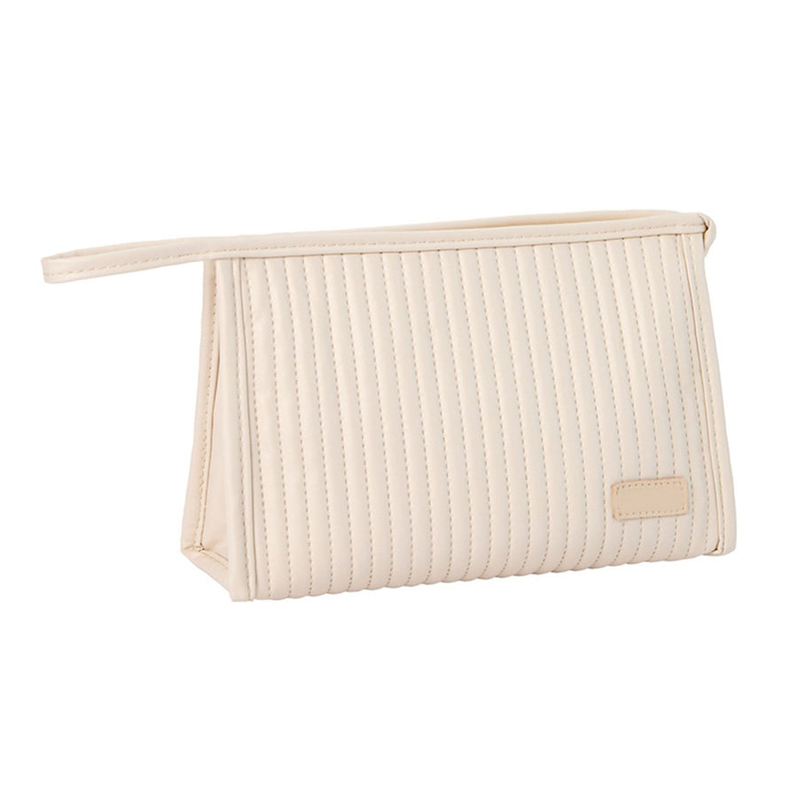 Cosmetic Bag Candy Color Large Capacity PU Leather Portable Travel Makeup Bag with Mesh Pocket Beige