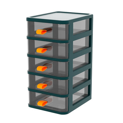 Drawer Type Desktop Storage Box Transparent Desktop Stationery Organizer with Orange Handle 5 Layer Green 13.4x17x28cm