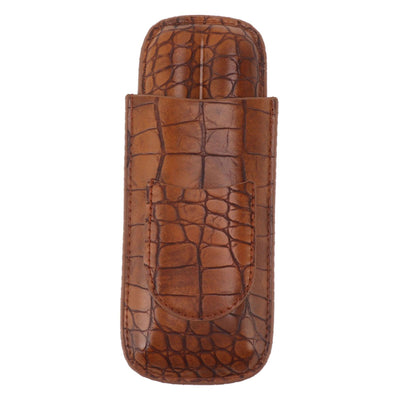 Cigar Case Holder Brown Crocodile Skin Pattern PU Leather 2 Finger Portable Carrying Holder for Travel Anniversary Gifts