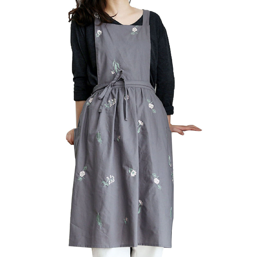 Cooking Apron Flower Embroidery Waterproof Wear Resistant Baking Apron for Coffee Shop Home Dark Grey