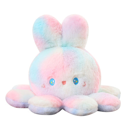 Reversible Octopus Doll Gradient Color Cute Bunny Ear Octopus Plush Toy Double Sided Stuffed Animal Pink Purple 20cm/7.9in