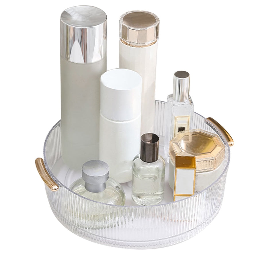 360 Rotating Cosmetic Organizer Texture Storage Rotating Makeup Desk Organizer with Handle for Bathroom Washroom Transparent