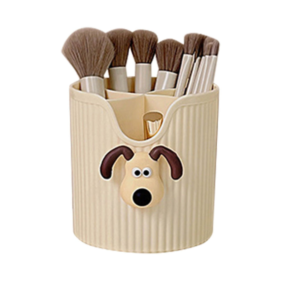Desk Pencil Pen Holder 4 Compartments Large Capacity Cute School Supplies Makeup Brush Organizer Milky Yellow Dog Head