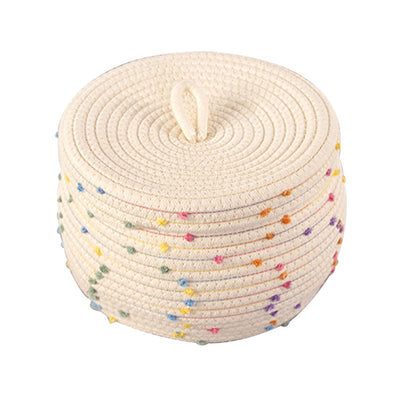 Cotton Rope Basket Woven Storage Box Round Colorful Decorative Dots Large Capacity with Lid for Laundry Towel Toy Eggs Small Items