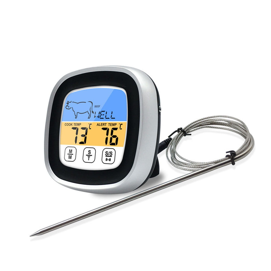 Digital Timer Thermometer Touch Screen Stainless Steel Meat Thermometer for Kitchen BBQ Black