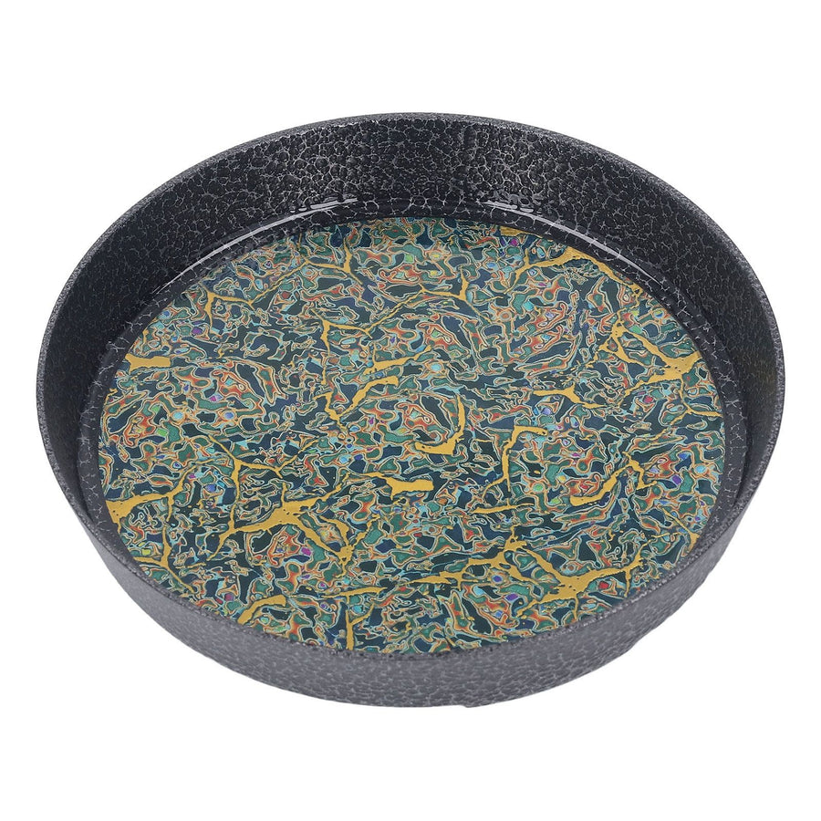 Small Tea Tray Complex Pattern Round Alloy Decorative Tea Serving Tray for Home Patio Porch Deck Green