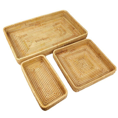 Rattan Tray Tabletop Organization Hand Woven Snack Storage Basket Multifunctional Serving Tray 3 Pcs Set