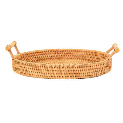 Hand Woven Round Rattan Serving Tray Bread Fruit Dessert Snack Basket with Handles Diameter 24cm Height 3cm