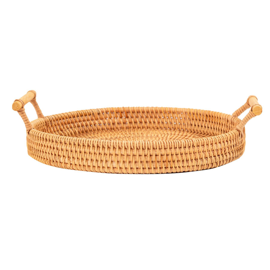 Hand Woven Round Rattan Serving Tray Bread Fruit Dessert Snack Basket with Handles Diameter 24cm Height 3cm