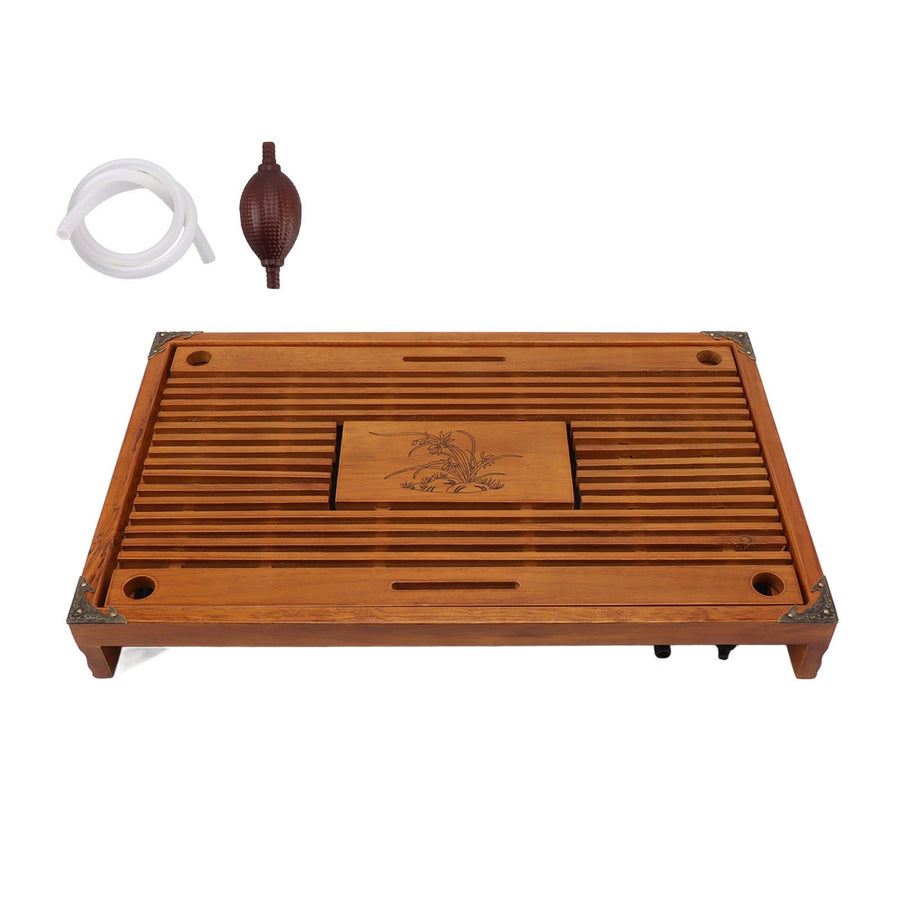 Chinese Style Kongfu Tea Tray Wooden Teaboard Drainage Water Storage Serving Tray Orchid Pattern Yellow
