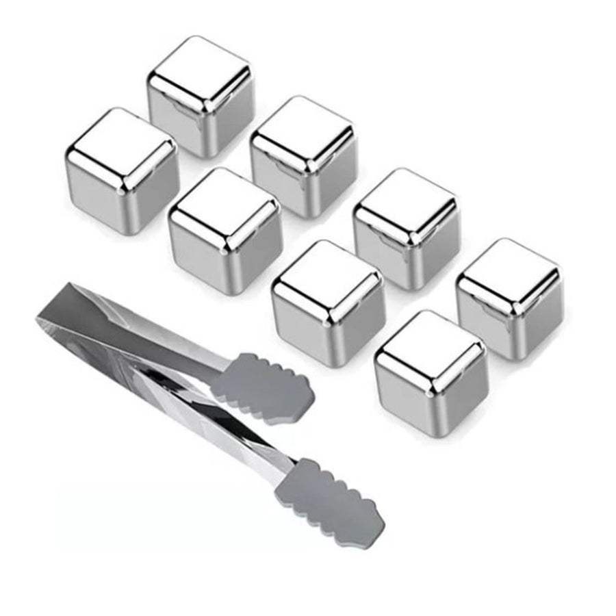 8PCS Metal Ice Cubes 304 Stainless Steel with Ice Tongs Widely Used Whiskey Stones for Chilling Whiskey Beverage