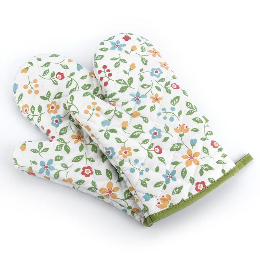 1 Pair Oven Gloves Non Slip Flower Grass Pattern Heat Resistant Microwave Mitts for Cooking Kitchen