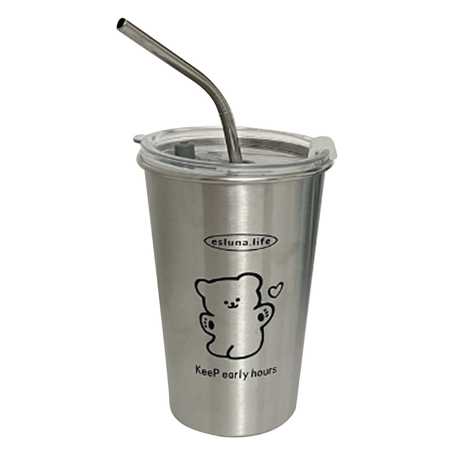 Stainless Steel Cold Tumbler 500ml with Metal Straws Lid Iced Coffee Travel Mug for Coffee Water Tea Happy Bear
