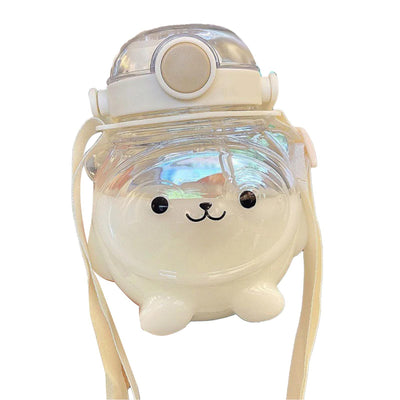 Large Water Bottle 1000ml Cartoon Bear Shape Portable Drinking Bottle with Straw Strap for Summer White