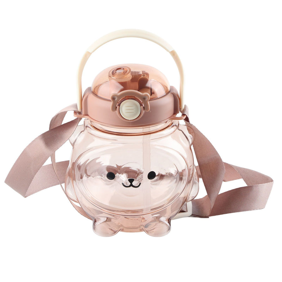 Large Water Bottle 1000ml Cartoon Bear Shape Portable Drinking Bottle with Straw Strap for Summer Coffee