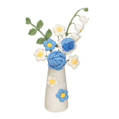 Simulation Woolen Flower Handmade Knitting Artificial Flower Crochet Knitted Flower with Ceramic Vase Table Flower Gift