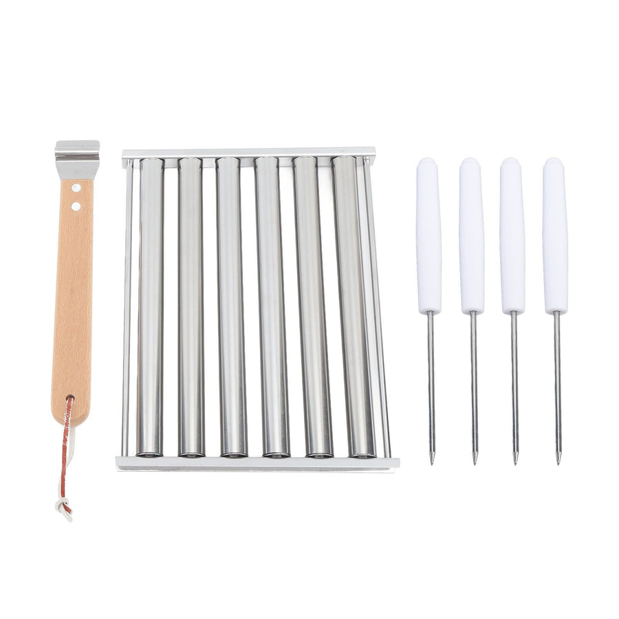 Detachable Stainless Steel Hot Dog Sausage Roller Rack Steamer With Extra Long Wood Handle 4 Skewers 6 Stick Design BBQ Tools L