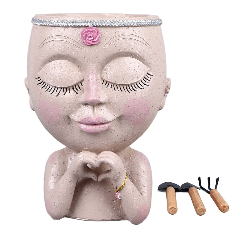 Face Planter Pot Resin Love Style Lady Head Succulent Planter Women Face Flower Pot with Drainage Hole Spades for Indoor Outdoor White