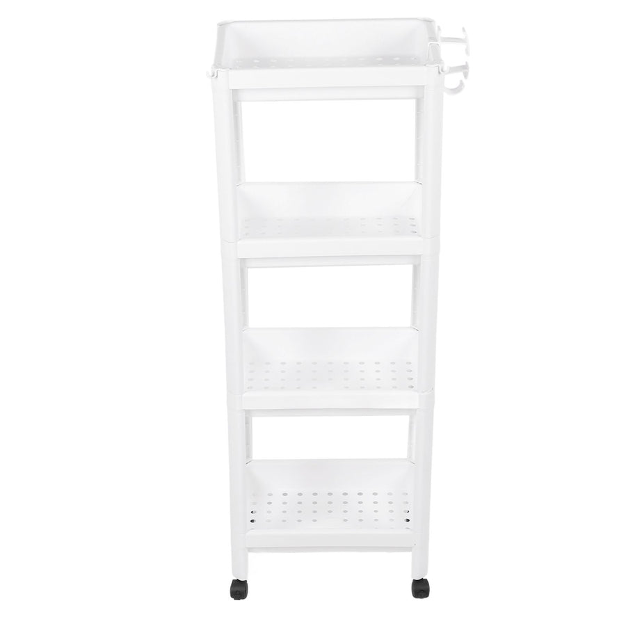 Bathroom Tower Shelf Plastic Freestanding Storage Rack Organizer Multifunctional Shelving Unit for Living Room Bedroom Kitchen White 4 Layers (with Wheel)