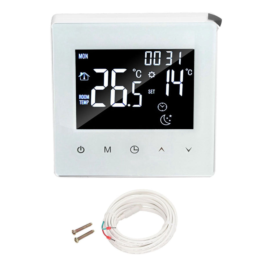 Digital Thermostat Screen Programmable Home Thermostat with 3 Meter Sensor Line for Electric Floor Heating Home Hotel Office AC90‑240V White Without WiFi