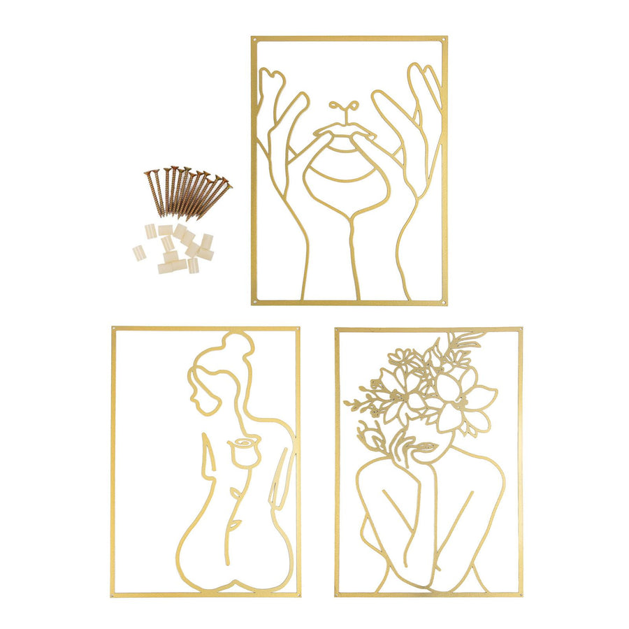 Single Line Art Wall Decor Iron Minimalist Female Line Drawing Home Hanging Wall Decor for Bedroom Kitchen Bathroom Living Room Gold 3PCS