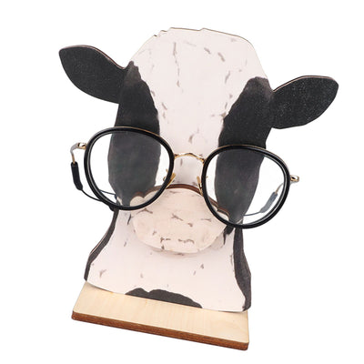 Cow Head Wearing Glasses Statues Wooden Decorative Cow Eyeglasses Display Stand Holder for Desktop Office