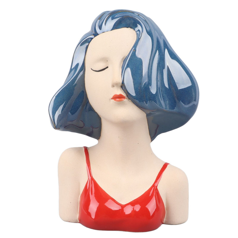 Girl Face Vase Modern Decorative Sculpture Ceramic Head Flower Vase for Living Room Bedroom Office Blue