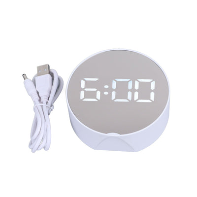 Digital Mirror Clock Alarm White Big Round Screen Easy to Read Portable LED Clock for Office Bedroom Travel