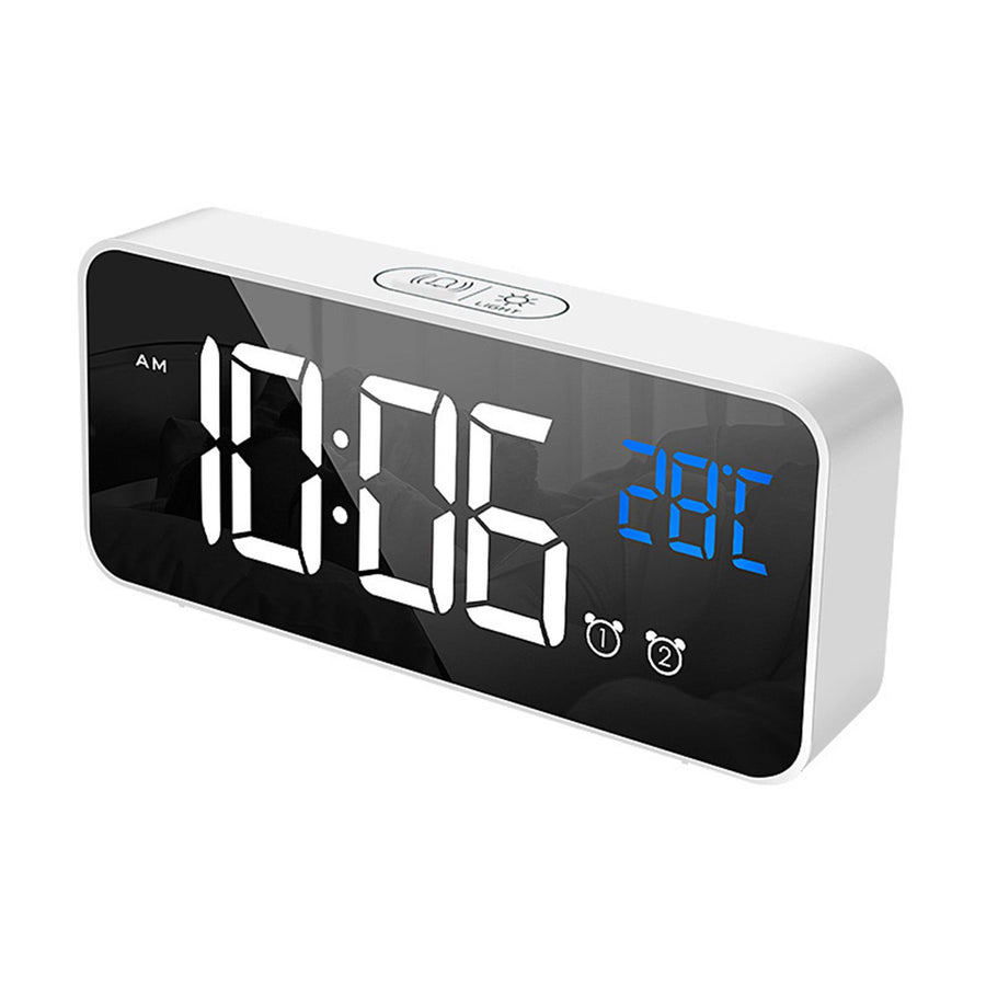 LED Alarm Electric Clock Multifunctional Exquisite Mirrored Surface Silent Bedside Clock for Home Bedroom Office Decor White