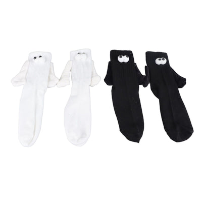 2 Pair Funny Magnetic Suction 3D Doll Couple Socks Funny Holding Hands Socks for Couple Black and White
